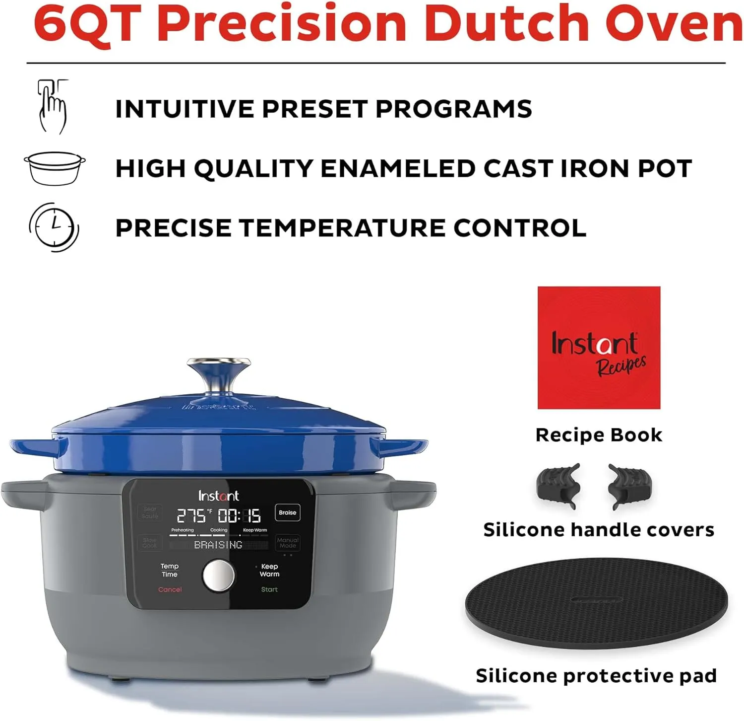 Instant Electric Round Dutch Oven, 6-Quart 1500W, From the Makers of Instant Pot, 5-in-1: Braise, Slow Cook, Sear/Sauté, Cooking Pan, Food Warmer, Enameled Cast Iron, Included Recipe Book, Blue