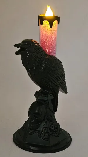 Jagmag® Set of 2 LED Halloween Flameless Candles, Purple and Orange Crow Candle Holder Light Flickering Candlestick Indoor Outdoor Horror Spooky Decoration Table Lamp Halloween Party Supplies