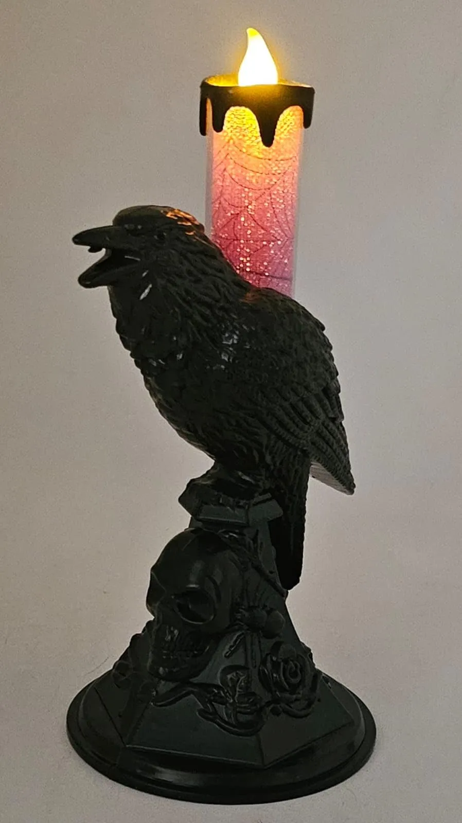 Jagmag® Set of 2 LED Halloween Flameless Candles, Purple and Orange Crow Candle Holder Light Flickering Candlestick Indoor Outdoor Horror Spooky Decoration Table Lamp Halloween Party Supplies
