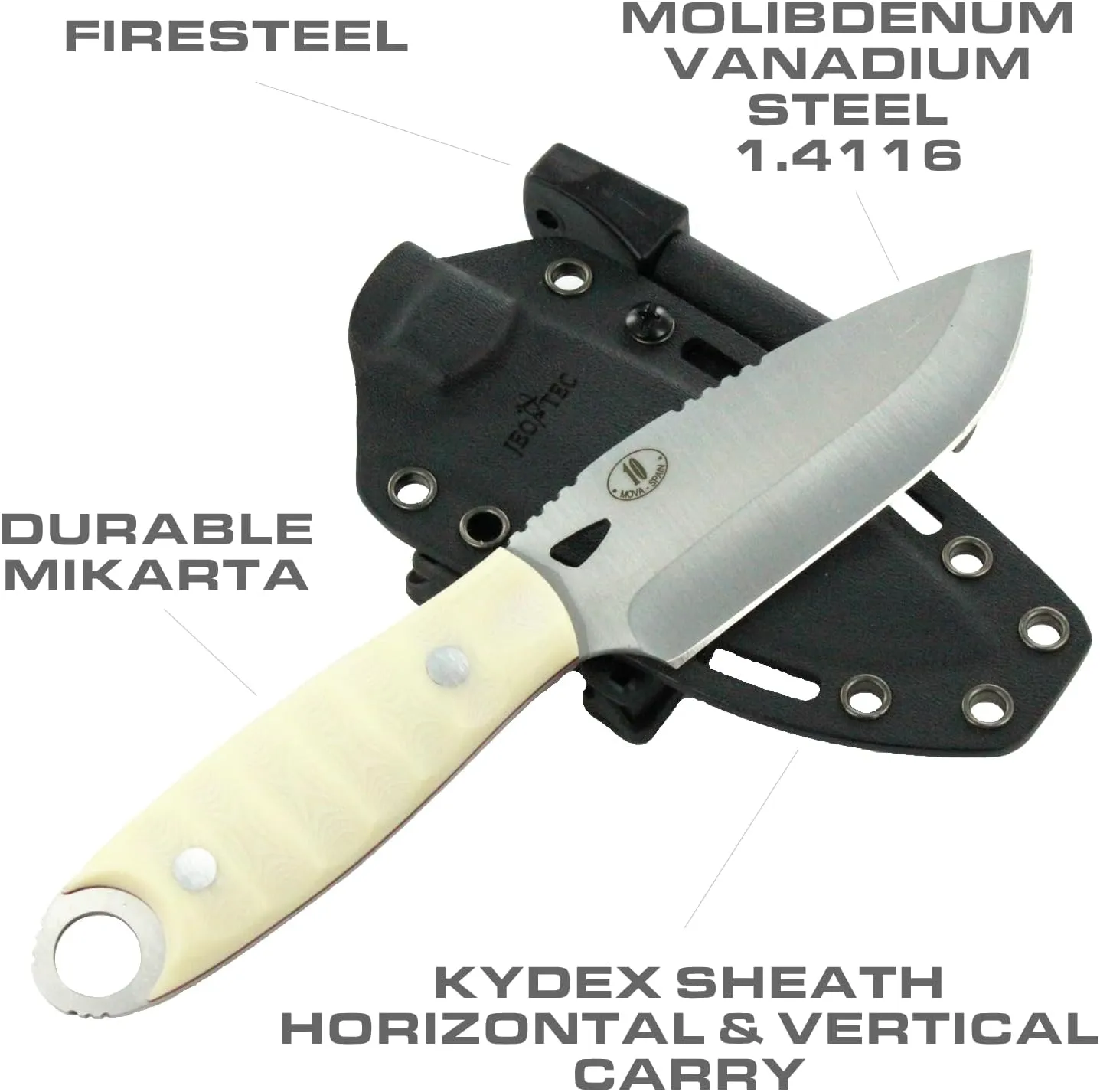 JEO-TEC Nº10 Bushcraft Survival Knife | Full Tang Fixed Blade Outdoor Camping Utility Hunting Knife In Kydex Sheath | MOVA Steel Fire Starter Scraper | Gift For Him