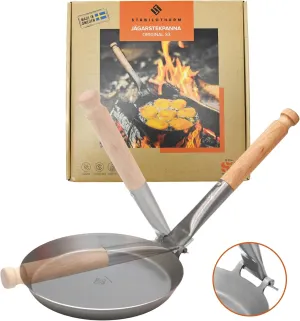 JÄGARSTEKPANNA Original Carbon Steel Frying Pan with Foldable Birch Handle, for Outdoor Indoor Cooking, Camping, Travel-Friendly