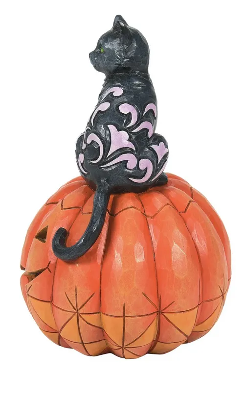 Jim Shore Black Cat on Pumpkin LED Figurine - "Purr-fect Pumpkin"