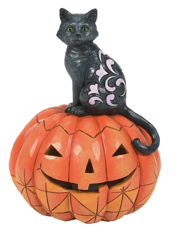 Jim Shore Black Cat on Pumpkin LED Figurine - "Purr-fect Pumpkin"