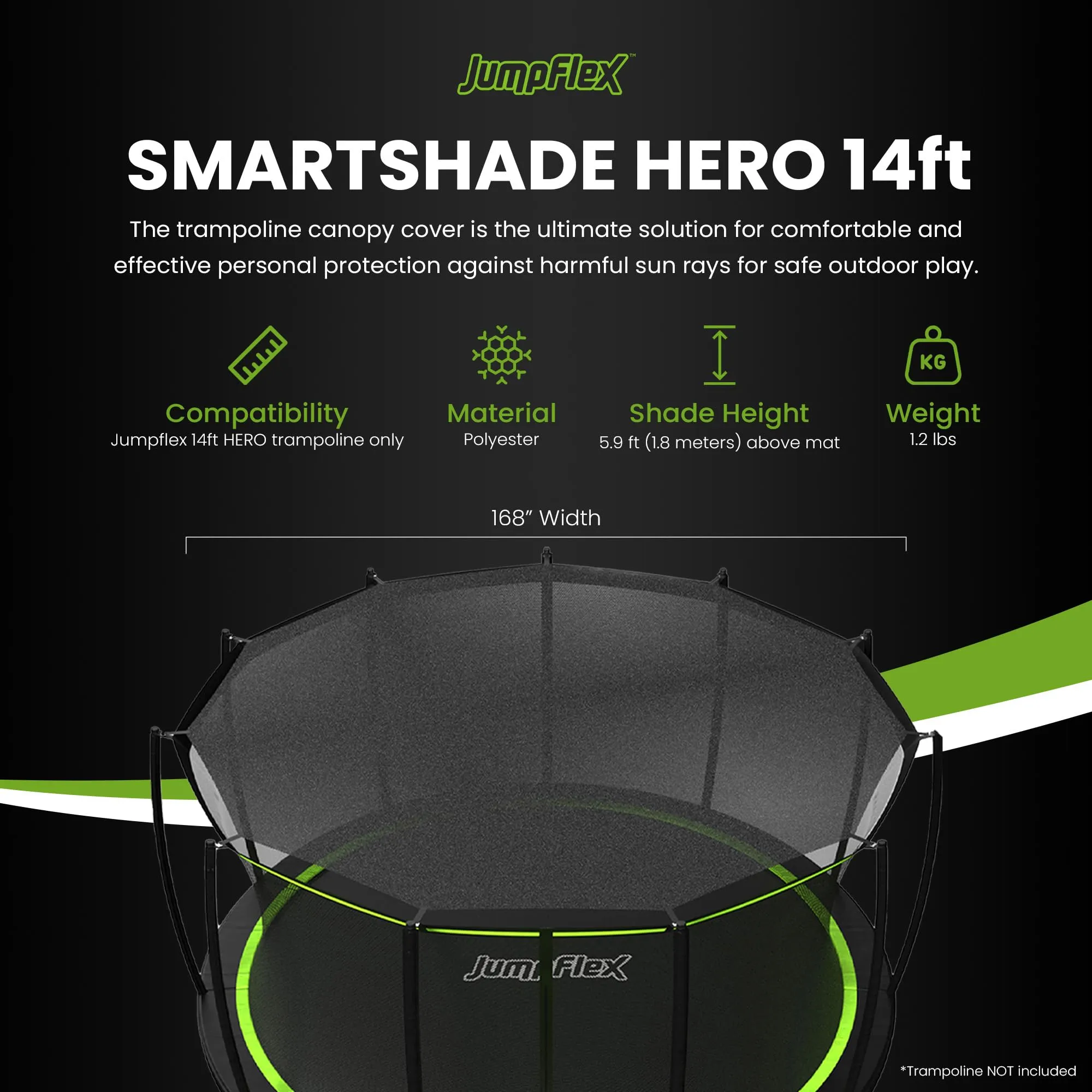 JumpFlex SMARTSHADE Soft Outdoor Trampoline Shade Canopy Cover for Sun Protection, Compatible with Hero 14' Model ONLY, Trampoline NOT Included, Black