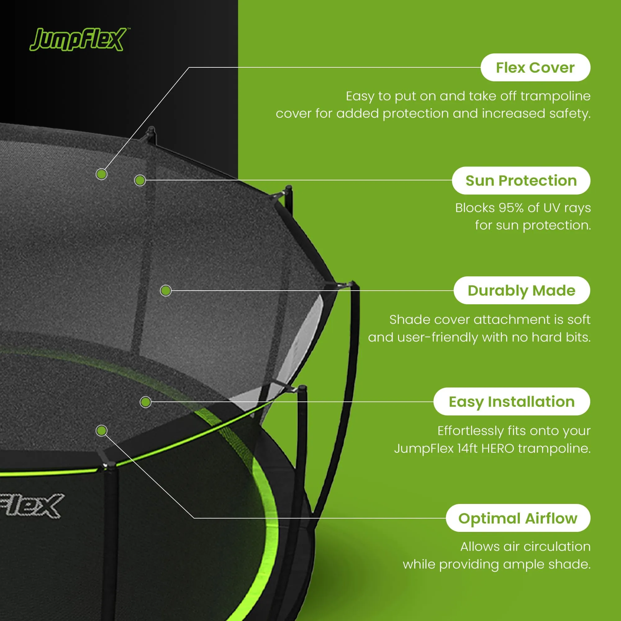 JumpFlex SMARTSHADE Soft Outdoor Trampoline Shade Canopy Cover for Sun Protection, Compatible with Hero 14' Model ONLY, Trampoline NOT Included, Black