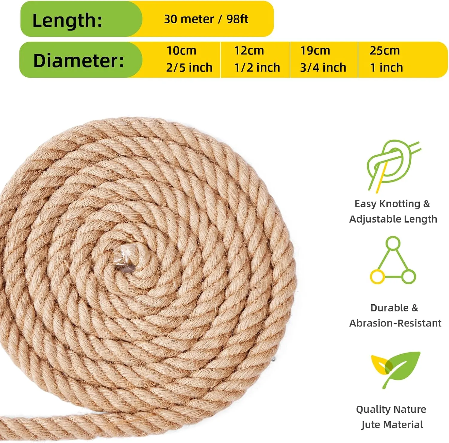 Jute Rope 2/5 Inch 100 Ft Natural Hemp Rope, Heavy Duty Manila Rope, Twine String Indoor Outdoor DIY Twisted Thick Rope Home Decor Crafts for Bundling, Climbing, Hammock, Nautical, Tug of War