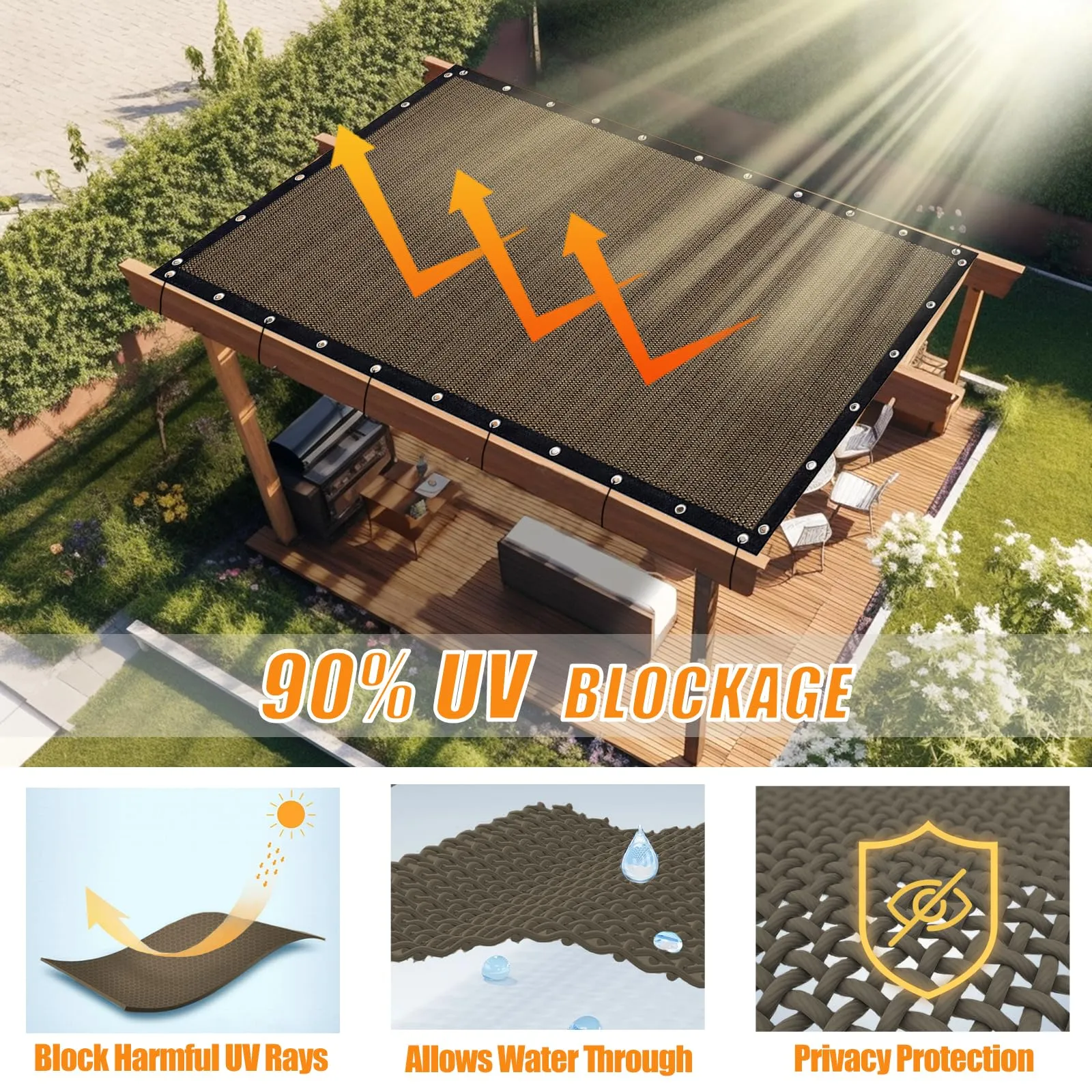KANAGAWA 90% Sun Shade Cloth 10'X 10' Outdoor Pergola Shade Cover Canopy with Grommets UV Block Privacy Screen for Patio, Backyards, Outdoor, Carport, Garden, Mocha