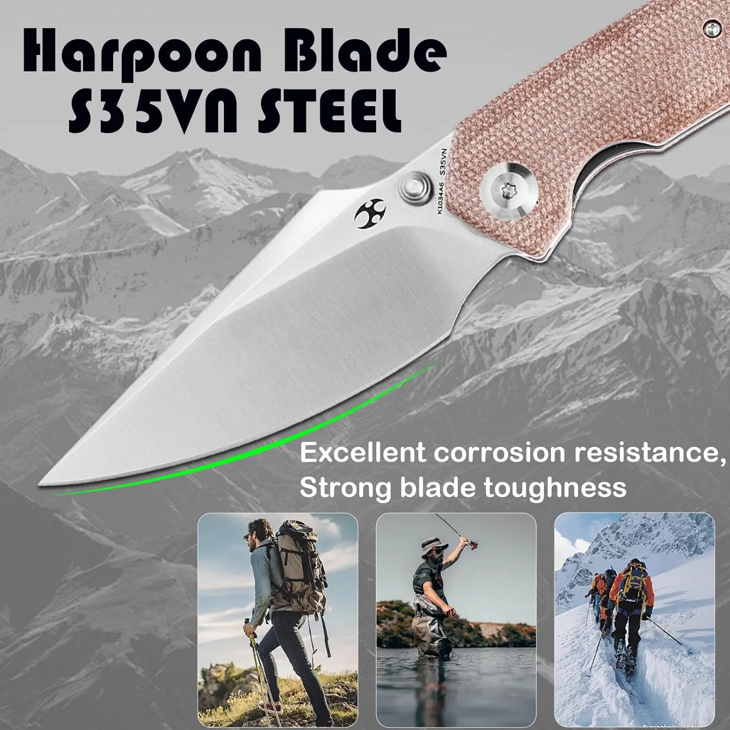 KANSEPT Fenrir Pocket Folding Knives for Men EDC Camping Folding Knife 3.48'' Satin CPM-S35VN Blade Pocket Folding Knife with Brown Micarta   Titanium Handle Everyday Carry K1034A6