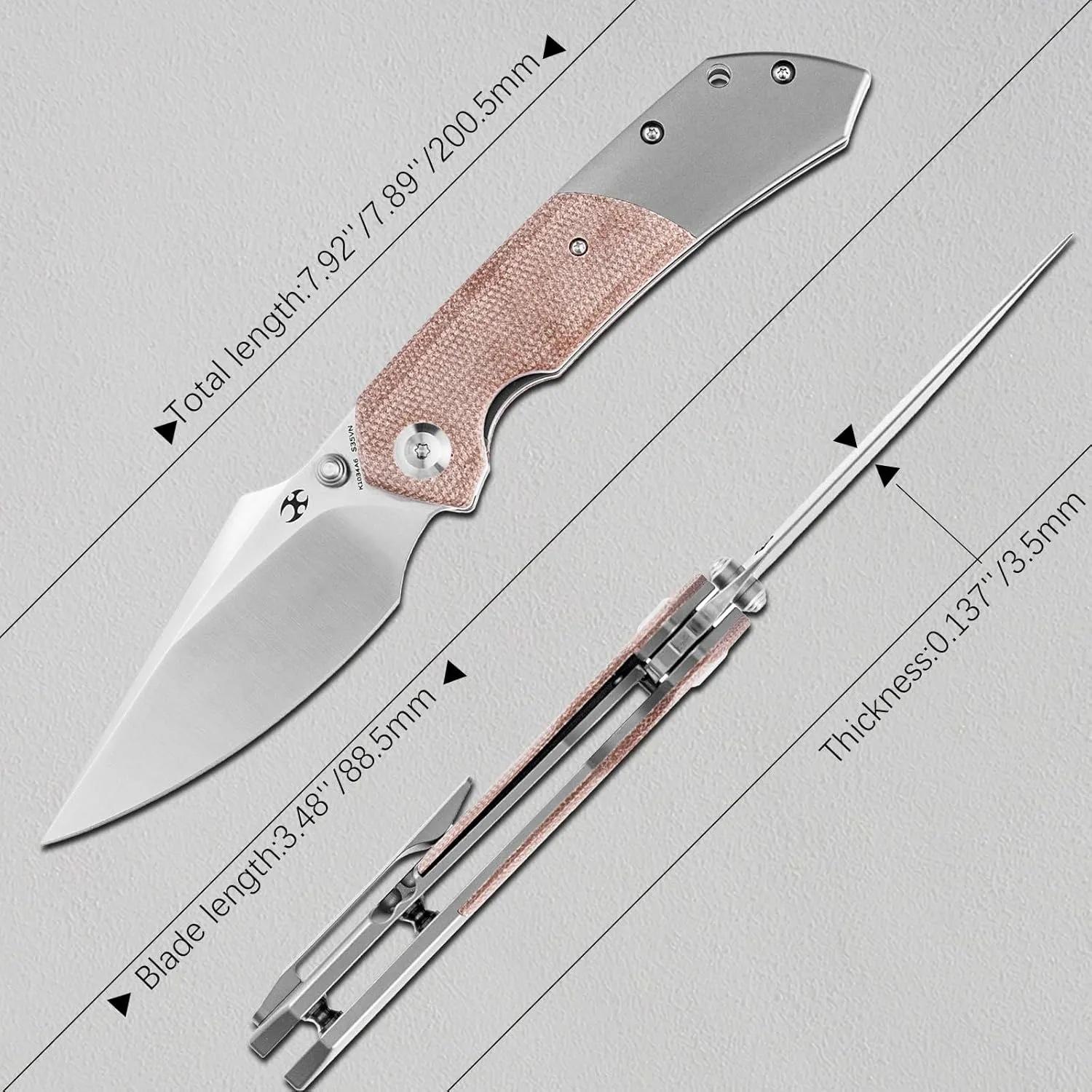 KANSEPT Fenrir Pocket Folding Knives for Men EDC Camping Folding Knife 3.48'' Satin CPM-S35VN Blade Pocket Folding Knife with Brown Micarta   Titanium Handle Everyday Carry K1034A6