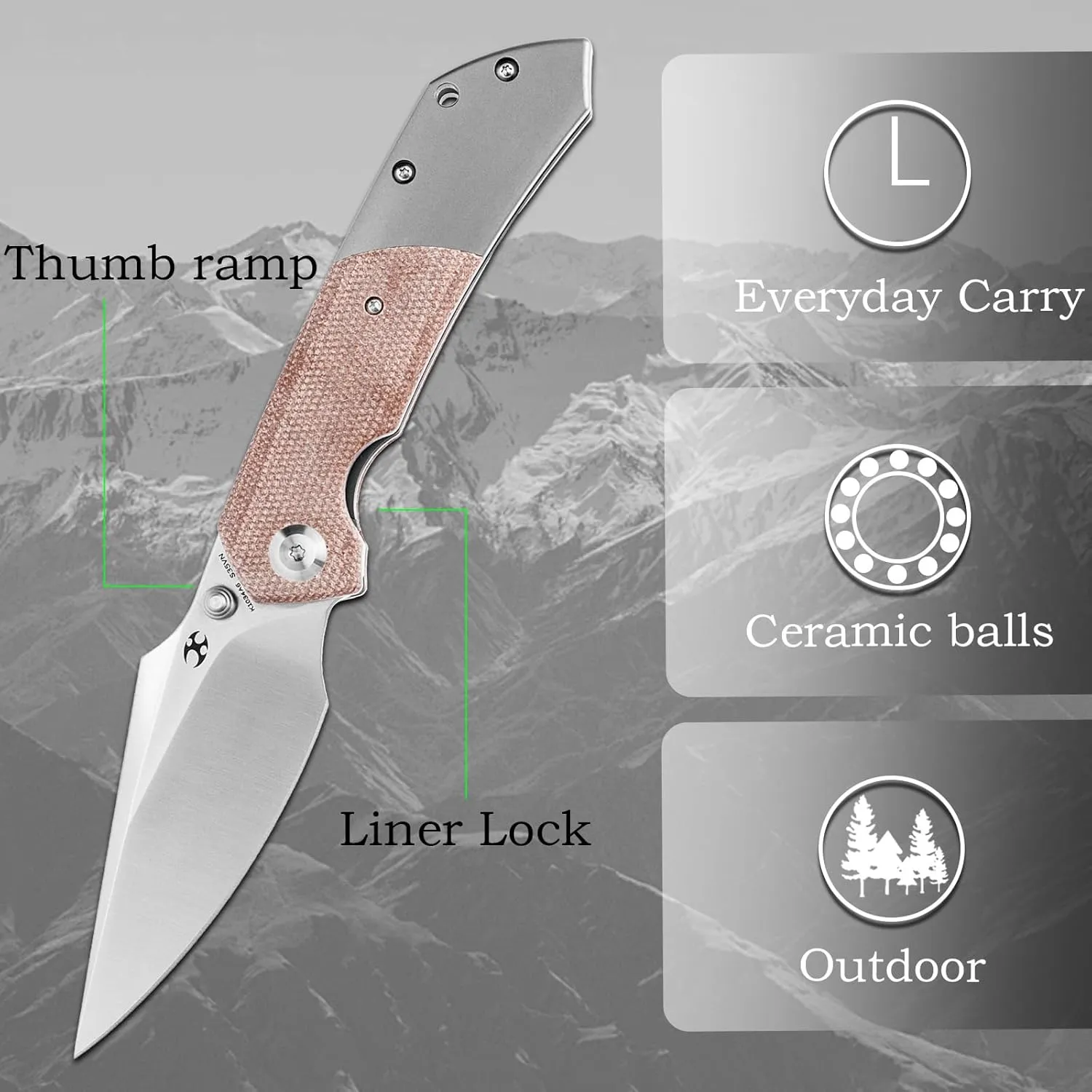 KANSEPT Fenrir Pocket Folding Knives for Men EDC Camping Folding Knife 3.48'' Satin CPM-S35VN Blade Pocket Folding Knife with Brown Micarta   Titanium Handle Everyday Carry K1034A6