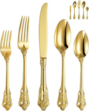 KEAWELL Luxury 65-Piece Flatware Set, 18/10 Stainless Steel Tableware, Service for 12, Antique Baroque Gold-Plated Silverware Set (Gold)