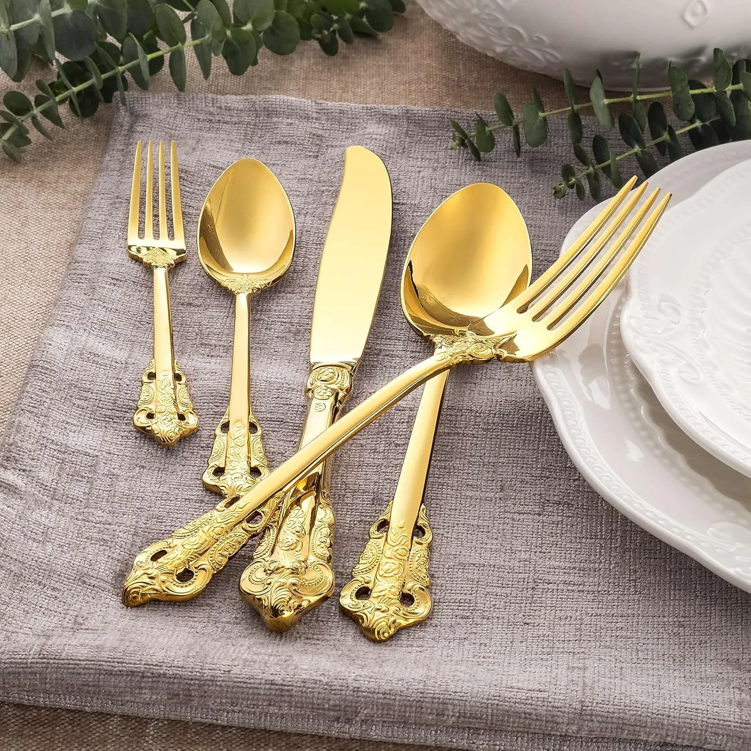 KEAWELL Luxury 65-Piece Flatware Set, 18/10 Stainless Steel Tableware, Service for 12, Antique Baroque Gold-Plated Silverware Set (Gold)