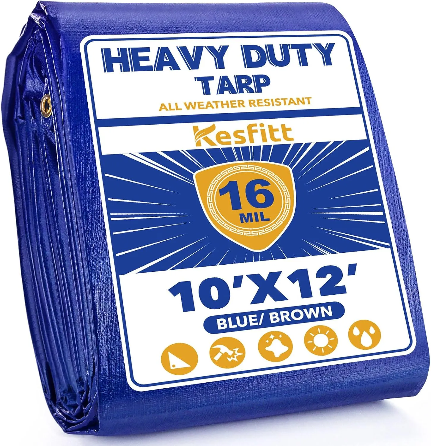 Kesfitt Tarp Heavy Duty Waterproof 10x12FT,16 Mil Thick Tarps Tear&Fade Resistant,UV Resistant,Poly Tarp Cover with Grommets and Reinforced Edges for Outdoor Camping Pools Boat Car(Blue/Brown)