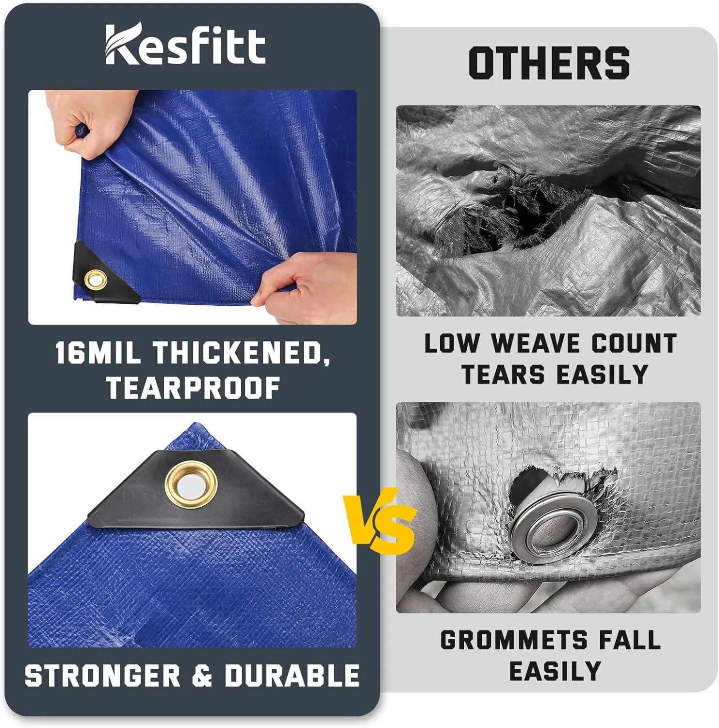 Kesfitt Tarp Heavy Duty Waterproof 10x12FT,16 Mil Thick Tarps Tear&Fade Resistant,UV Resistant,Poly Tarp Cover with Grommets and Reinforced Edges for Outdoor Camping Pools Boat Car(Blue/Brown)