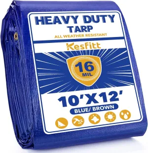 Kesfitt Tarp Heavy Duty Waterproof 10x12FT,16 Mil Thick Tarps Tear&Fade Resistant,UV Resistant,Poly Tarp Cover with Grommets and Reinforced Edges for Outdoor Camping Pools Boat Car(Blue/Brown)
