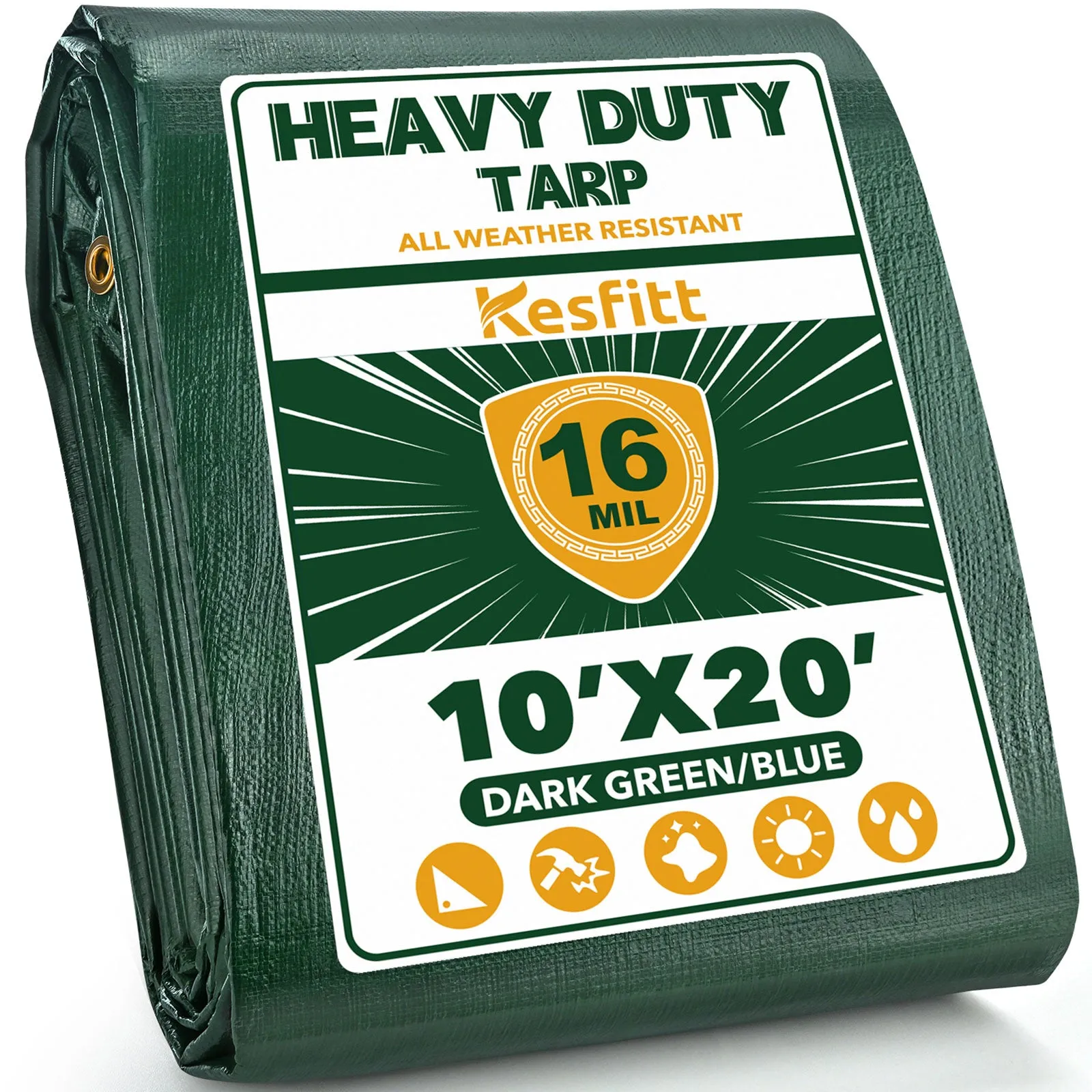 Kesfitt Tarp Heavy Duty Waterproof 10x20FT,16 Mil Thick Tarps (Green/Blue)