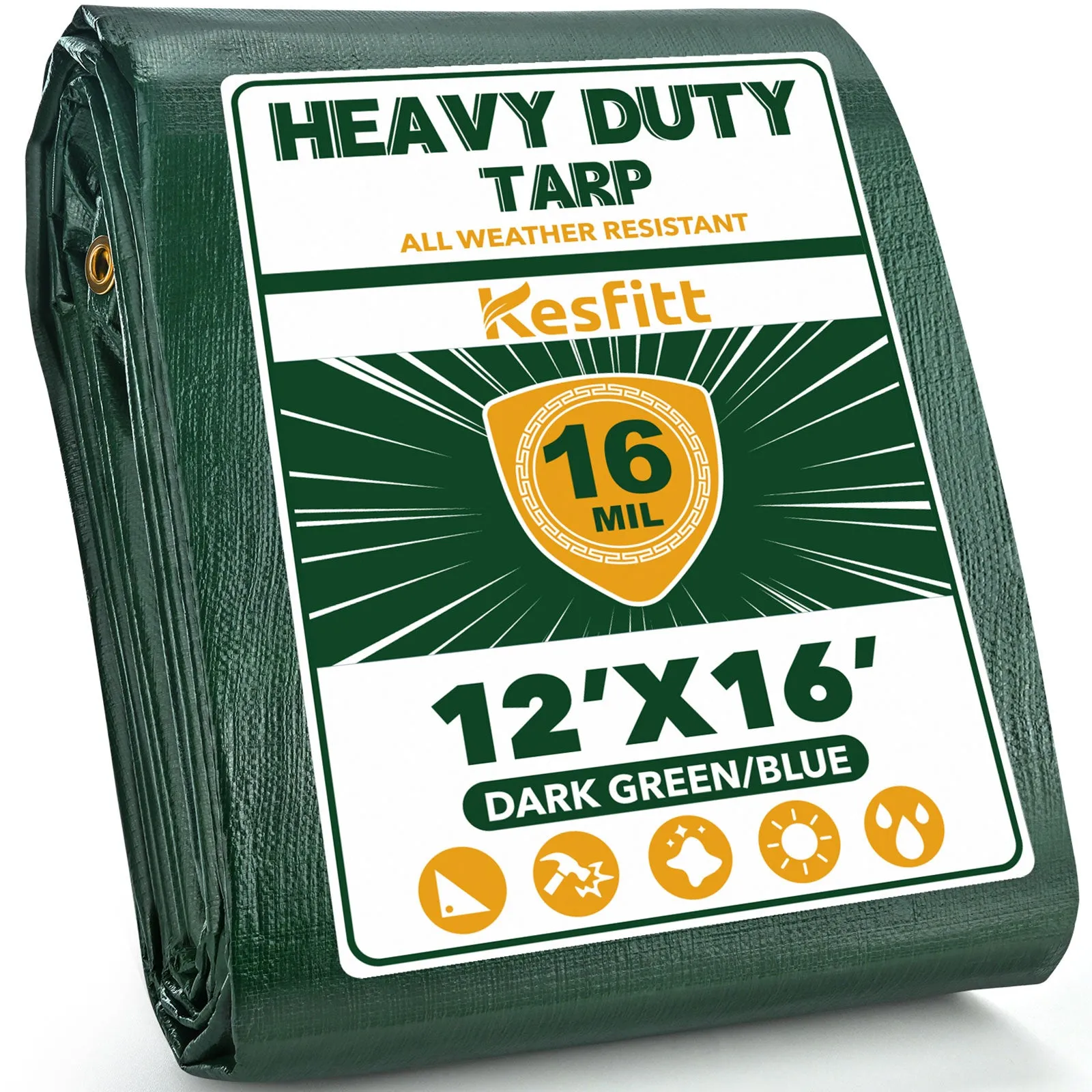 Kesfitt Tarp Heavy Duty Waterproof 12x16FT,16 Mil Thick Tarps (Green/Blue)