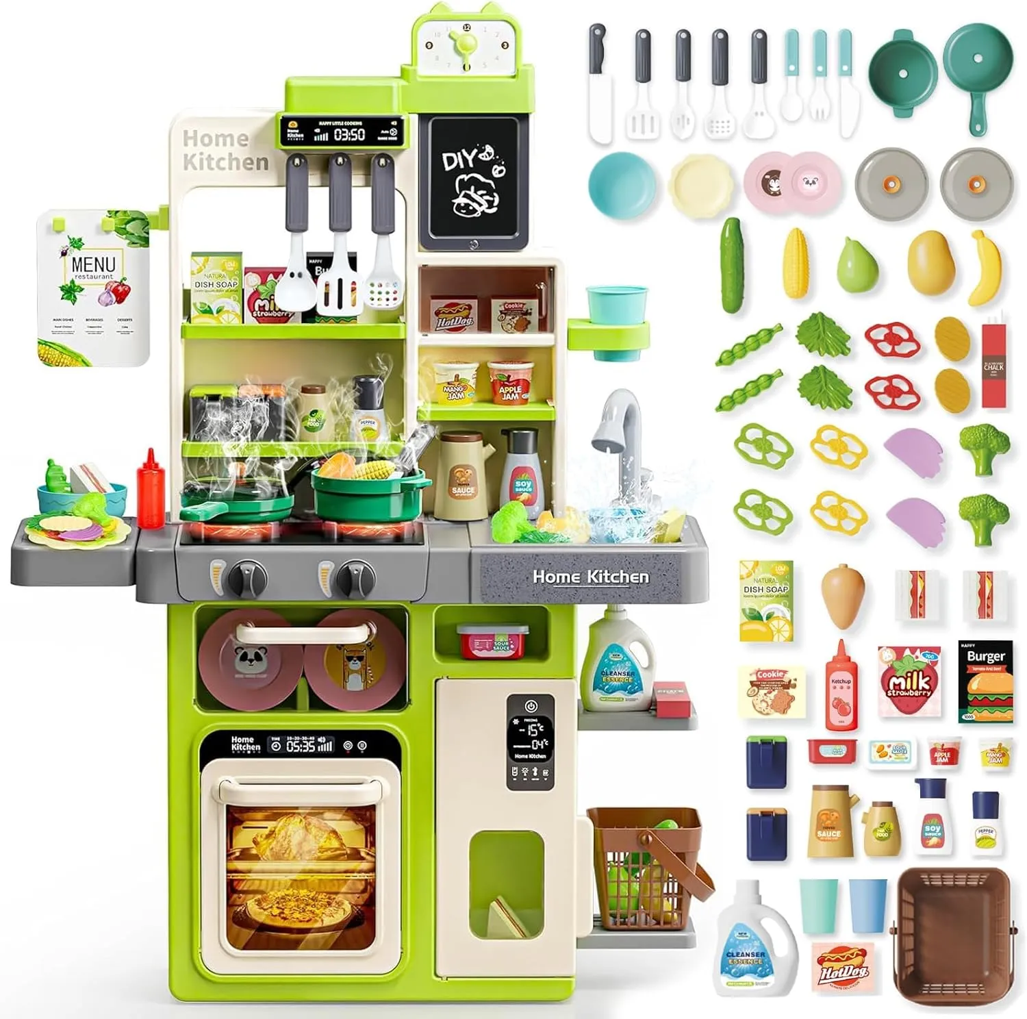 Kids Kitchen Playset, Kitchen Toys for Toddlers with 63 Pcs Toy Kitchen Accessories, Lights & Sounds, Cooking Stove Steam, Play Sink, Play Food - Pretend Kitchen Set for Girls Boys Aged 2 3 4 5