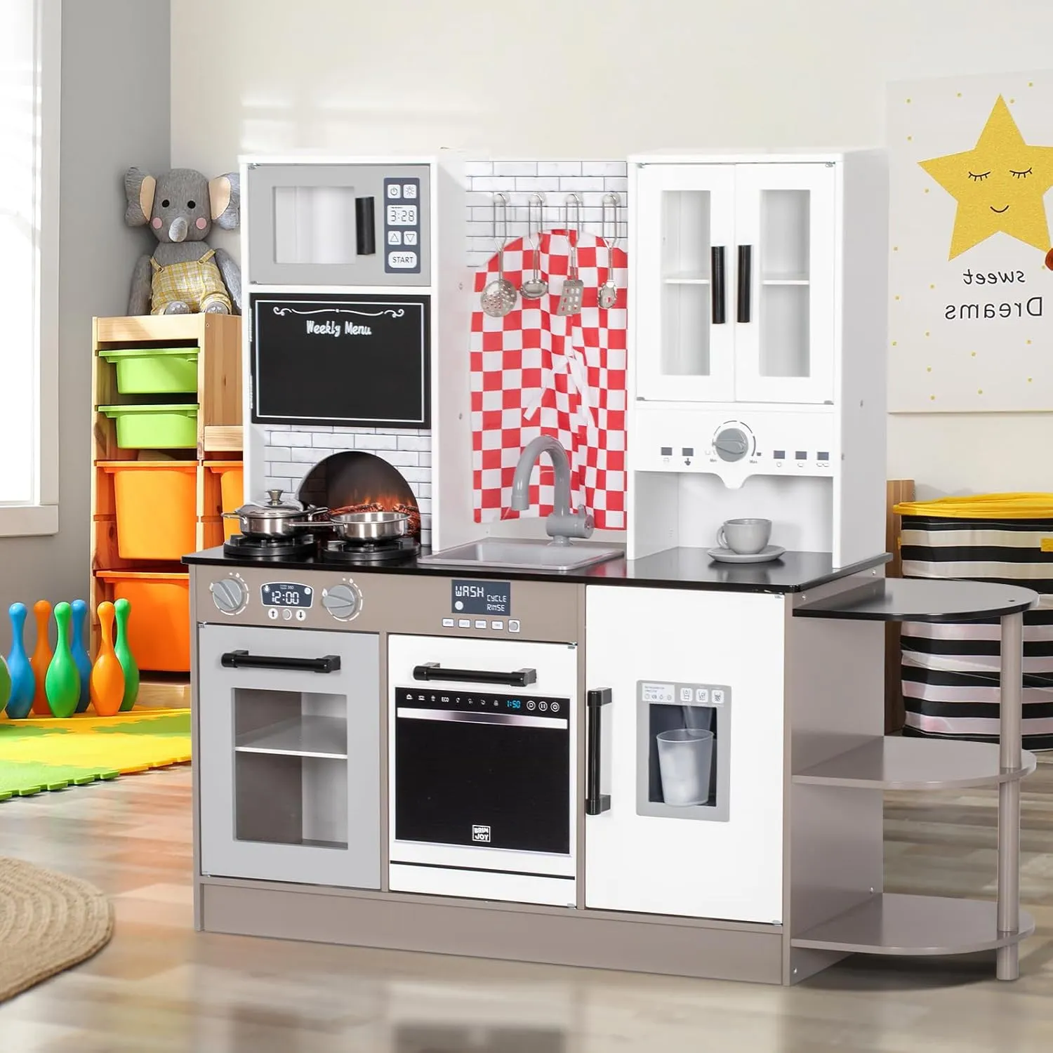 Kids Kitchen Playset, Wooden Toddler Kitchen Set w/Curtains, Coffee Maker, Storage Shelf, Stove,Sink, Utensils, Light & Sound, Kids Pretend Play Kitchen Toy Gift for Girls Boys (3-Stage)