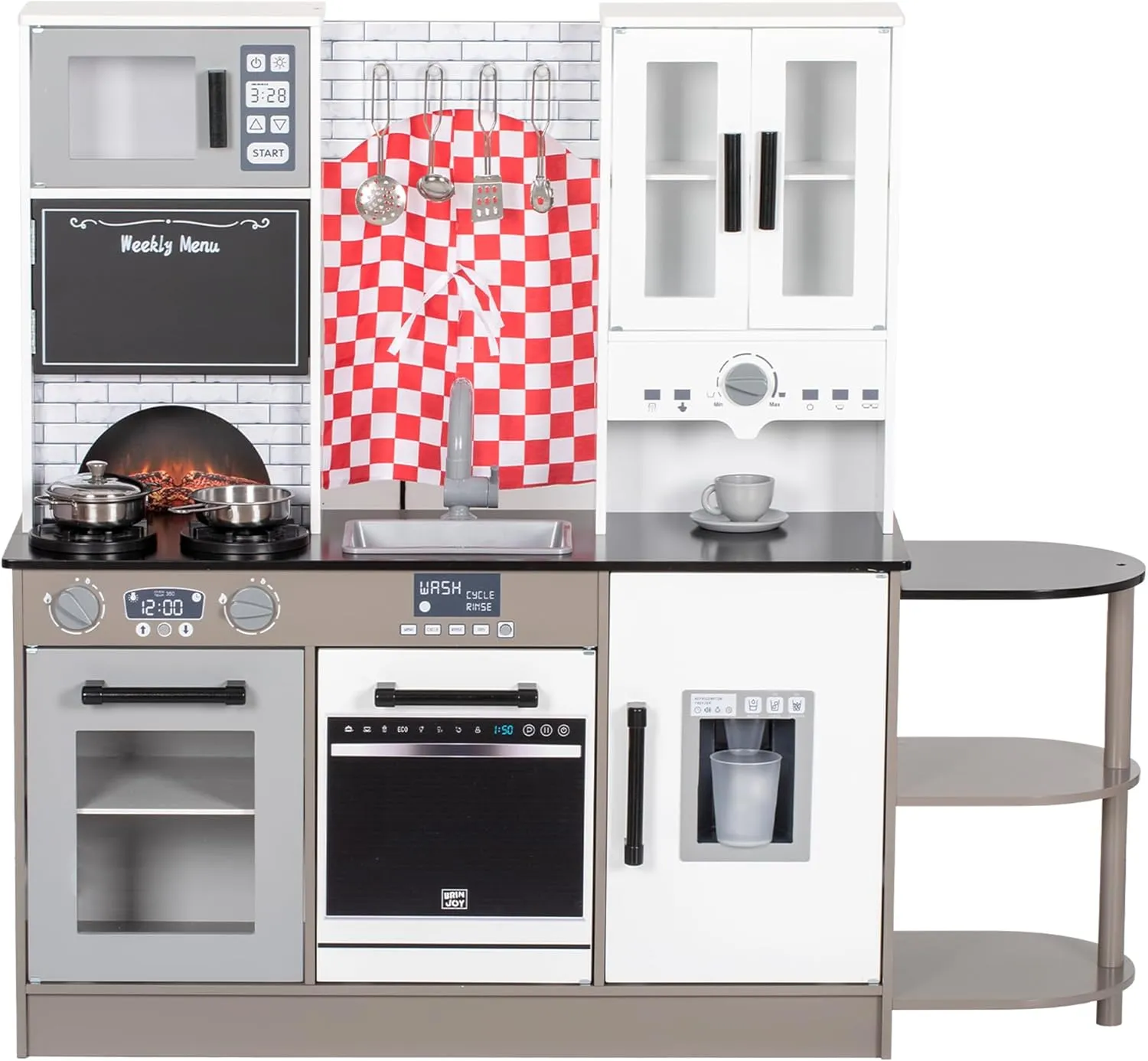 Kids Kitchen Playset, Wooden Toddler Kitchen Set w/Curtains, Coffee Maker, Storage Shelf, Stove,Sink, Utensils, Light & Sound, Kids Pretend Play Kitchen Toy Gift for Girls Boys (3-Stage)