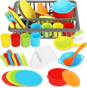 Kids Play Dishes with Drainer - 27PC Tableware & Pretend Kitchen Accessories, Plastic Play Set - Durable and Colourful for Children Ages 3 