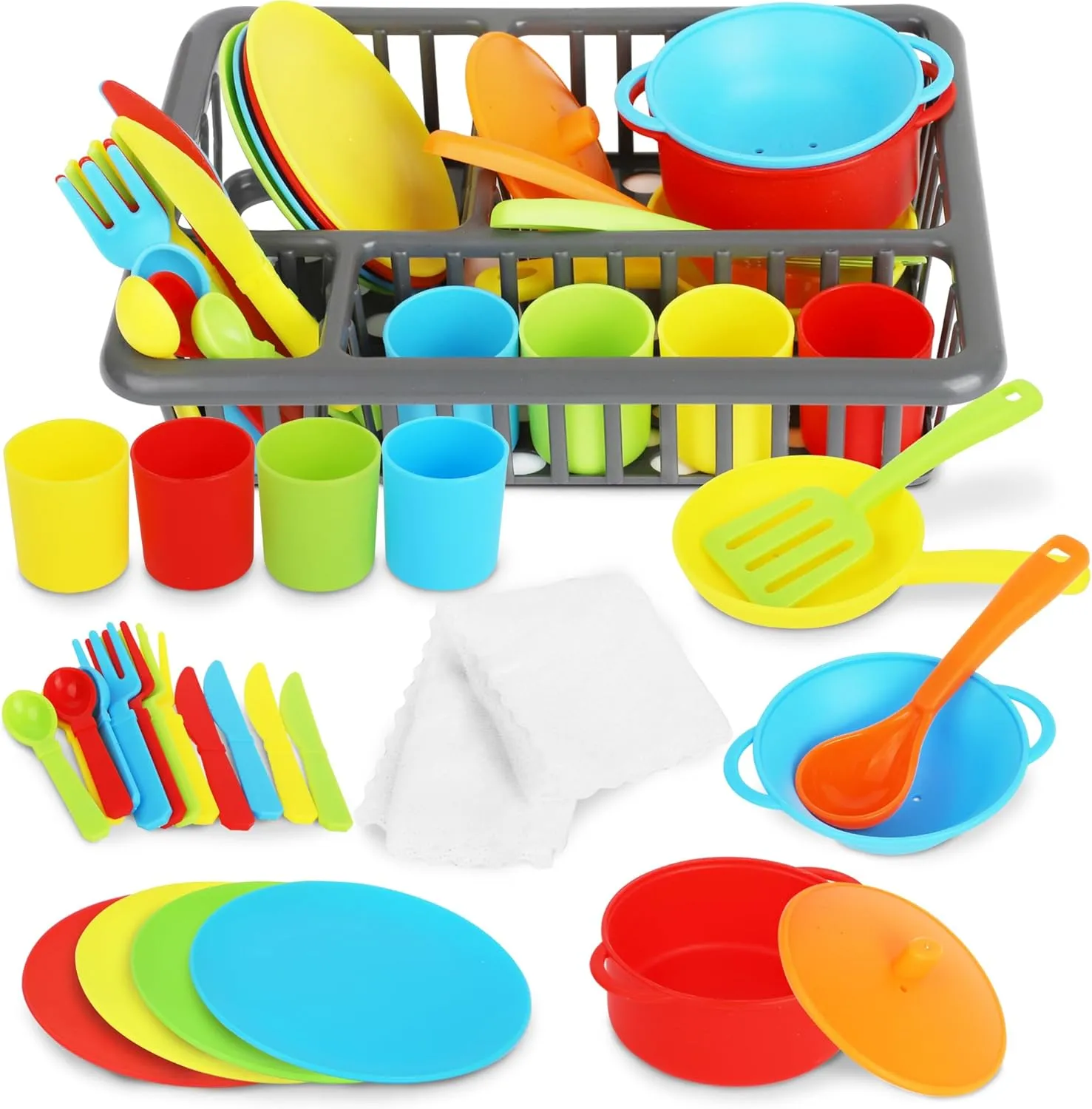 Kids Play Dishes with Drainer - 27PC Tableware & Pretend Kitchen Accessories, Plastic Play Set - Durable and Colourful for Children Ages 3 