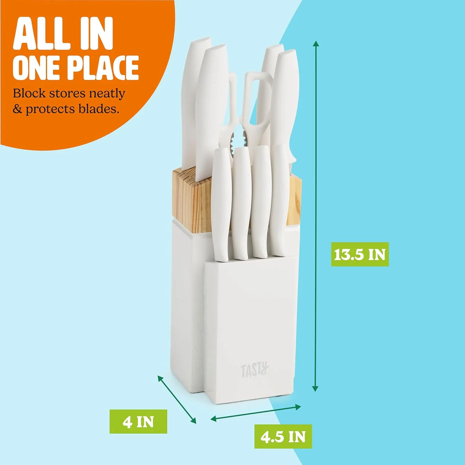 Kitchen Knife Set with Block, Cutlery Set includes Chef, Bread, Utility, Paring, Steak Knives & Shears, 10-Piece, White