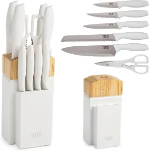 Kitchen Knife Set with Block, Cutlery Set includes Chef, Bread, Utility, Paring, Steak Knives & Shears, 10-Piece, White