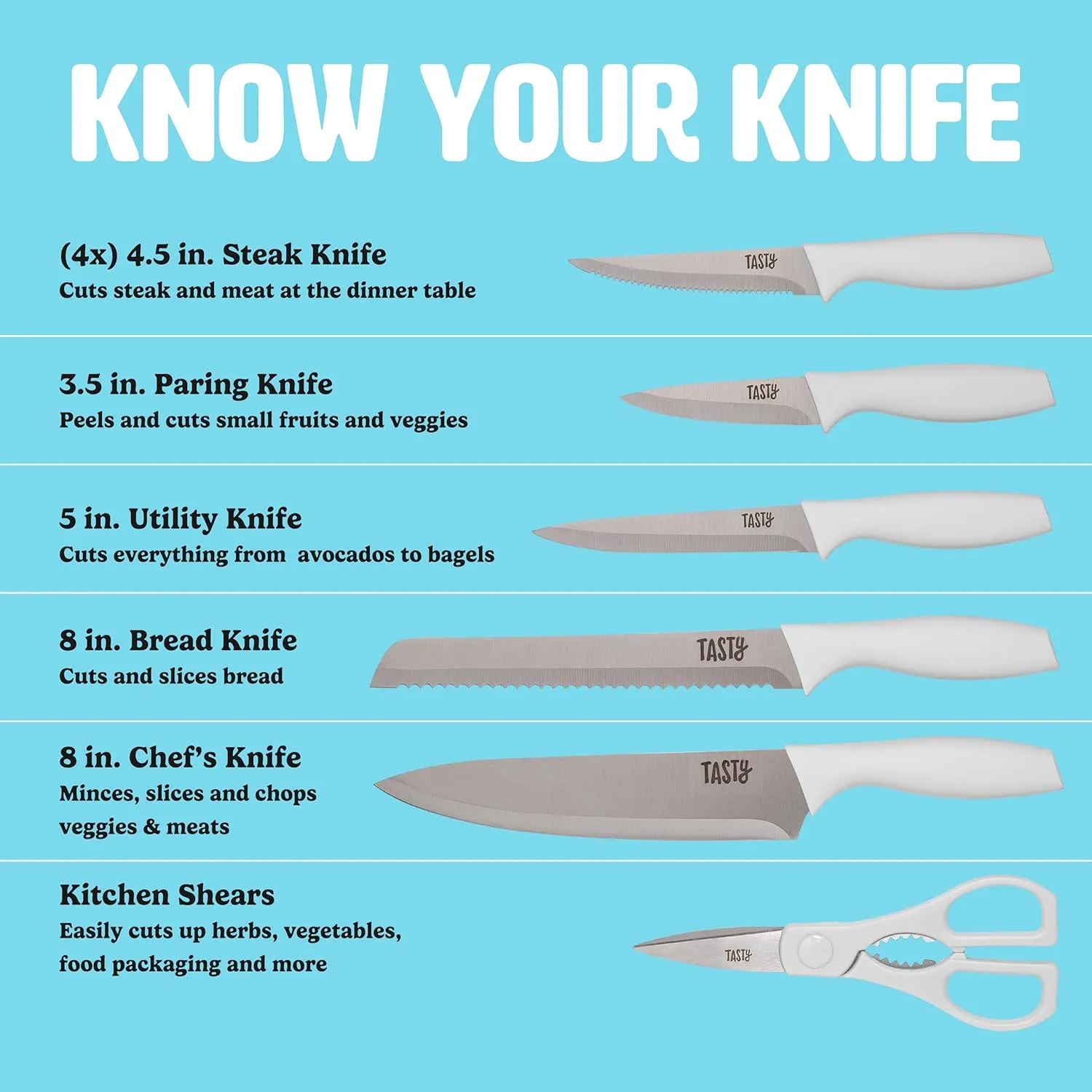Kitchen Knife Set with Block, Cutlery Set includes Chef, Bread, Utility, Paring, Steak Knives & Shears, 10-Piece, White