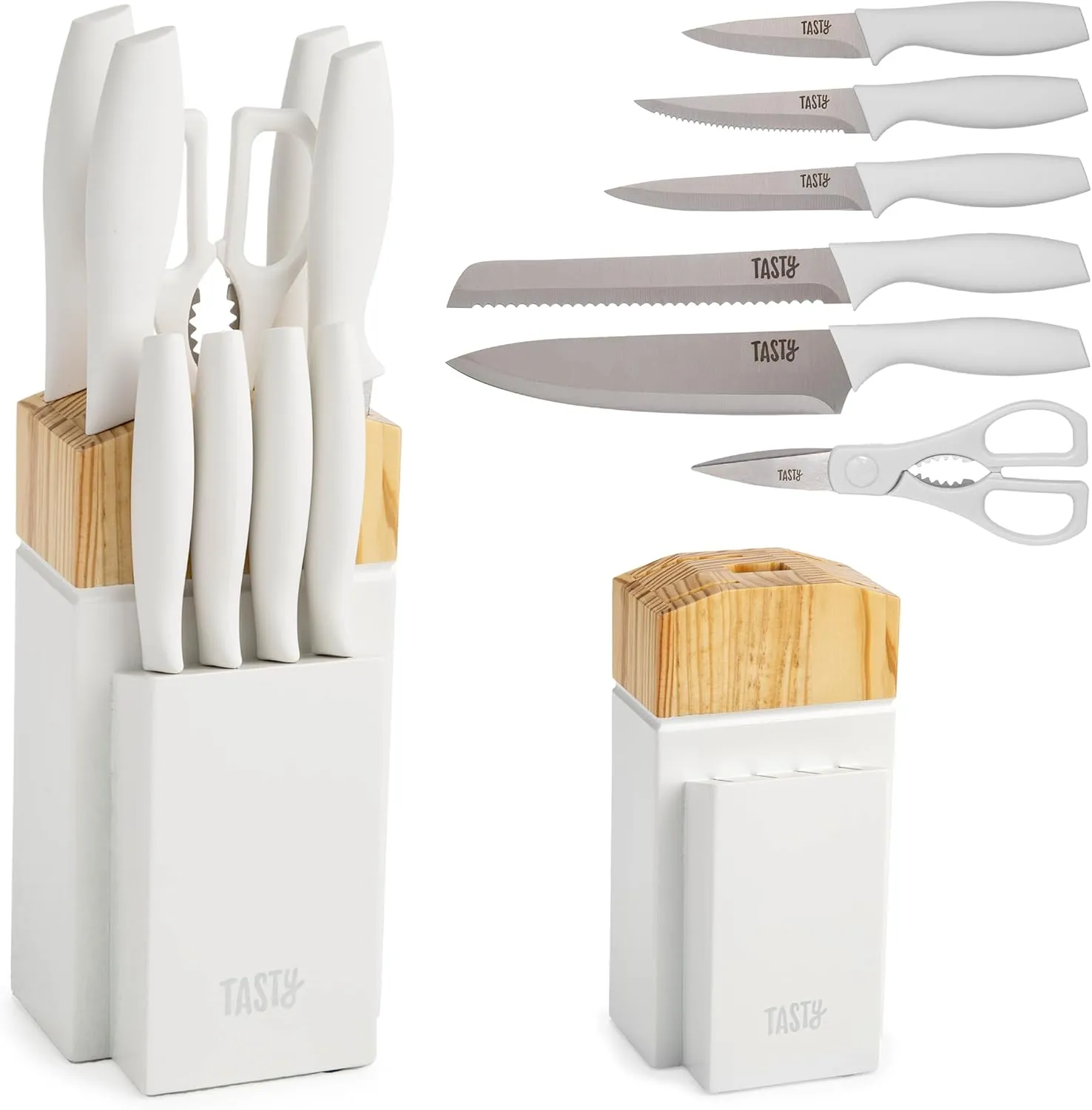 Kitchen Knife Set with Block, Cutlery Set includes Chef, Bread, Utility, Paring, Steak Knives & Shears, 10-Piece, White