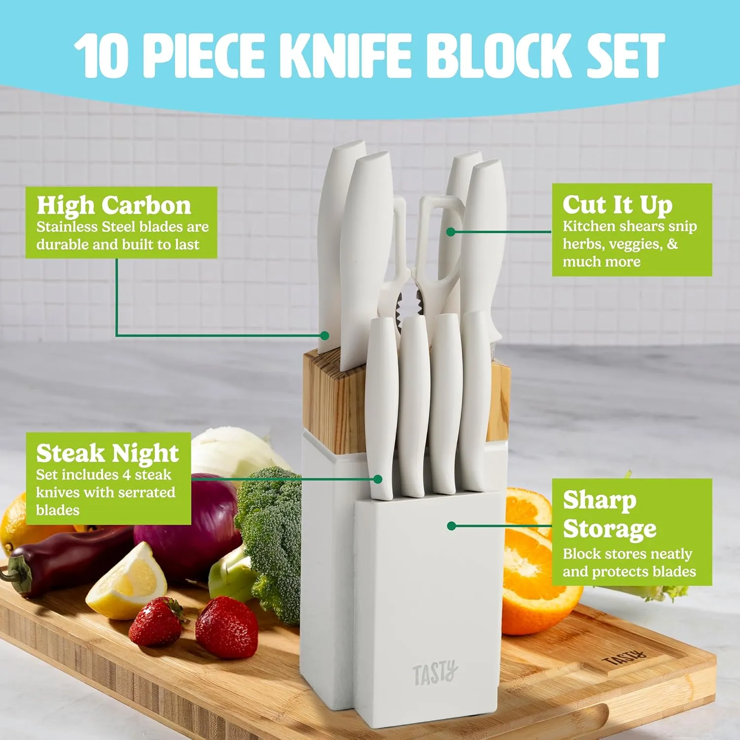 Kitchen Knife Set with Block, Cutlery Set includes Chef, Bread, Utility, Paring, Steak Knives & Shears, 10-Piece, White