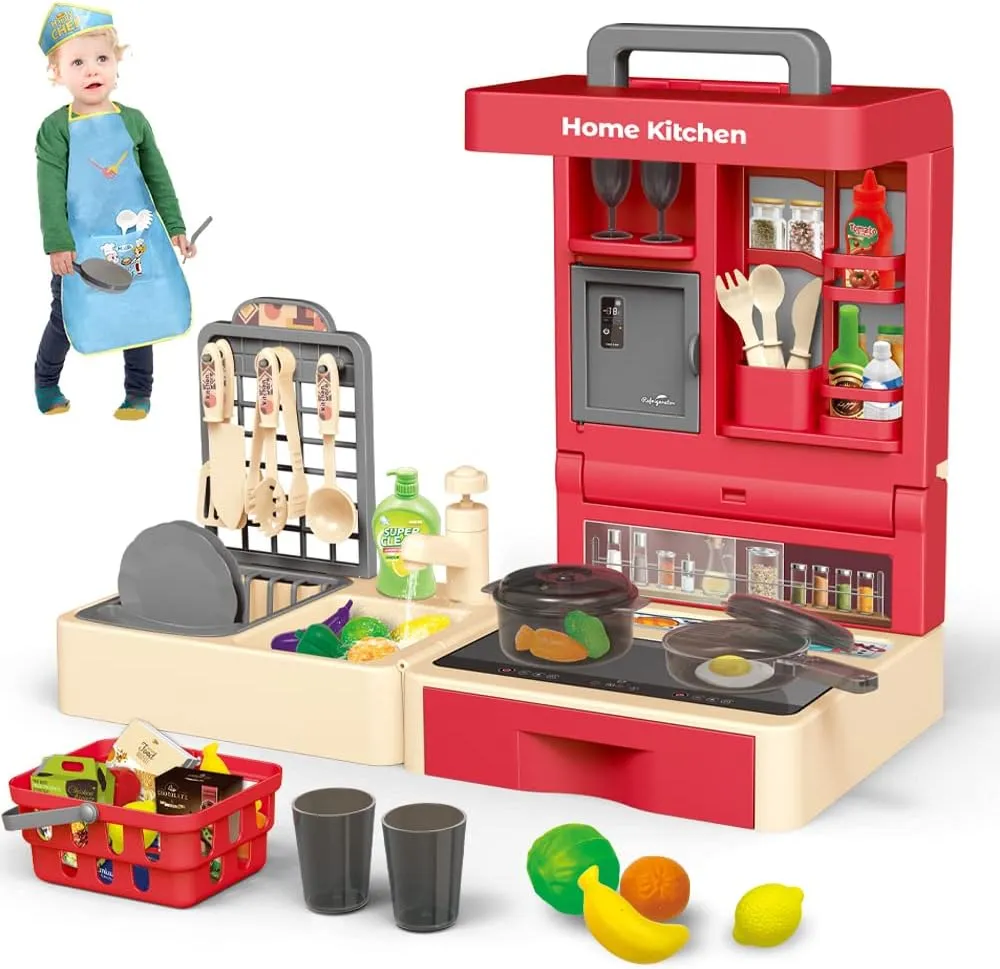 Kitchen Play Set for Kids - 49PCS Pretend Cooking Playset Accessories with Pot and Pan,Dish Rack,Play Sink,Pretend Play Food Toys with Baby&Toddler-Educational Gift for 3 4 5 6 Ages Girls&Boys