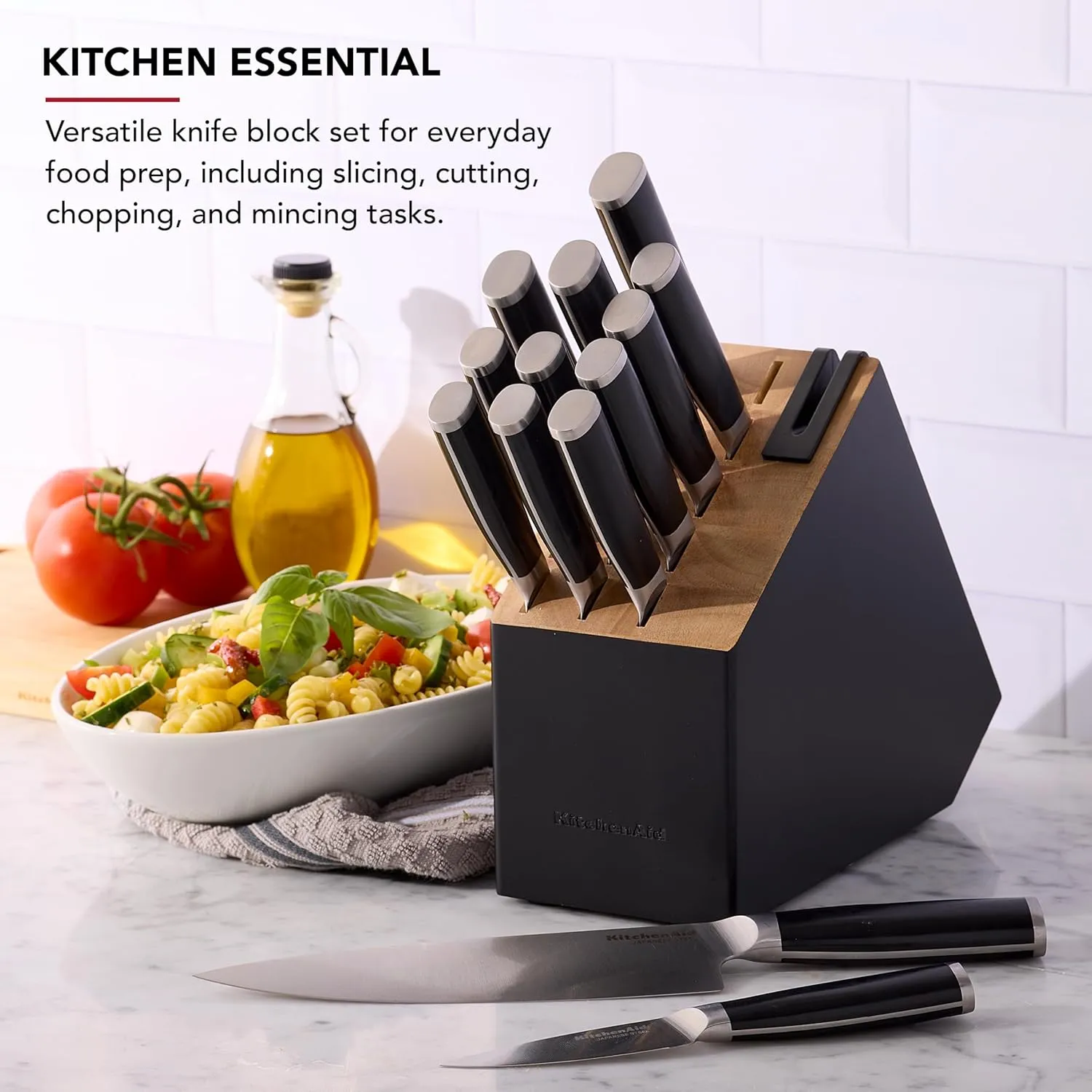 KitchenAid Gourmet 14-Piece Forged Stainless Steel Knife Block Set with Built-In Sharpener, High-Carbon Japanese Steel Knives, Two-Tone Black Finish