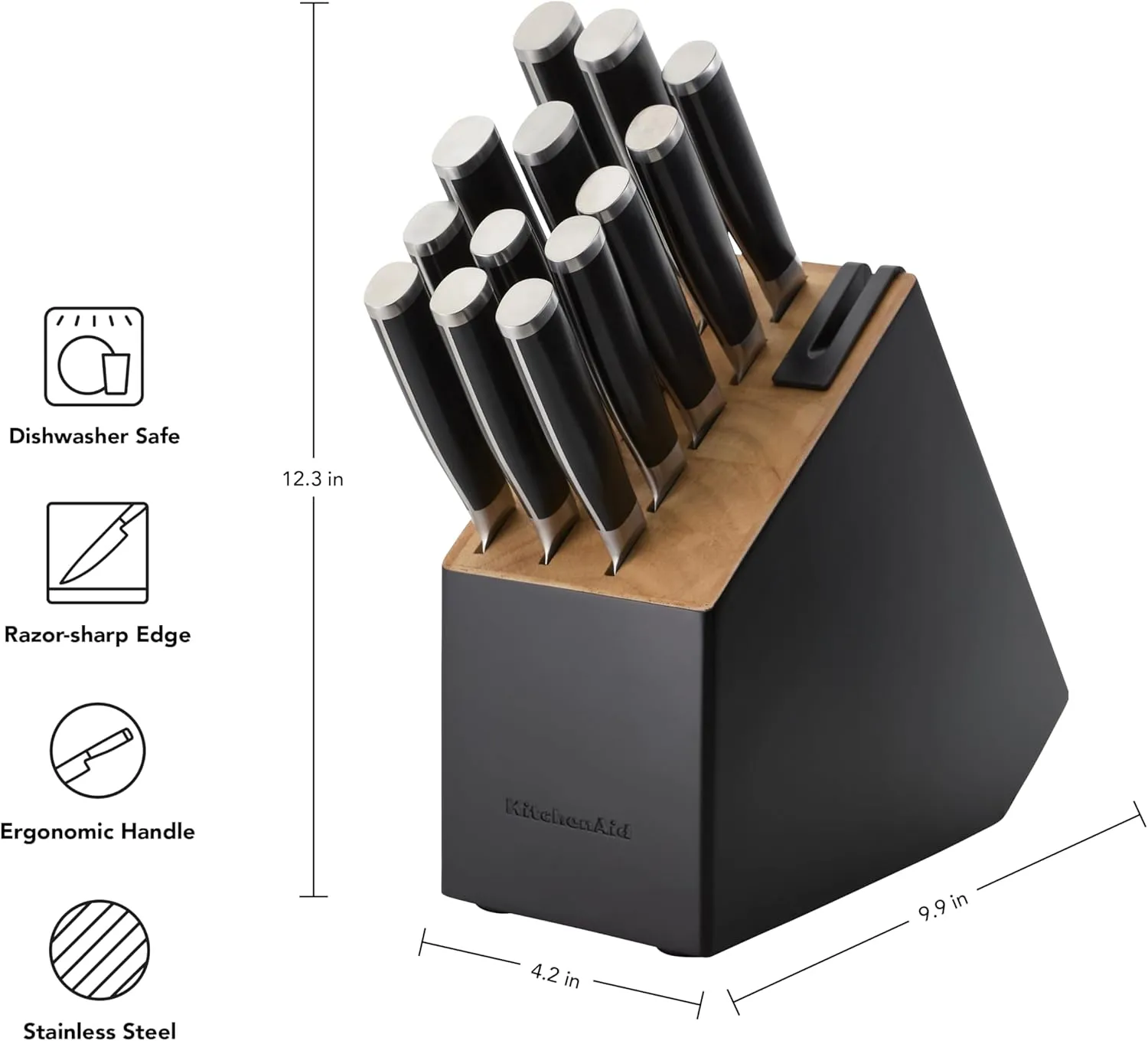 KitchenAid Gourmet 14-Piece Forged Stainless Steel Knife Block Set with Built-In Sharpener, High-Carbon Japanese Steel Knives, Two-Tone Black Finish