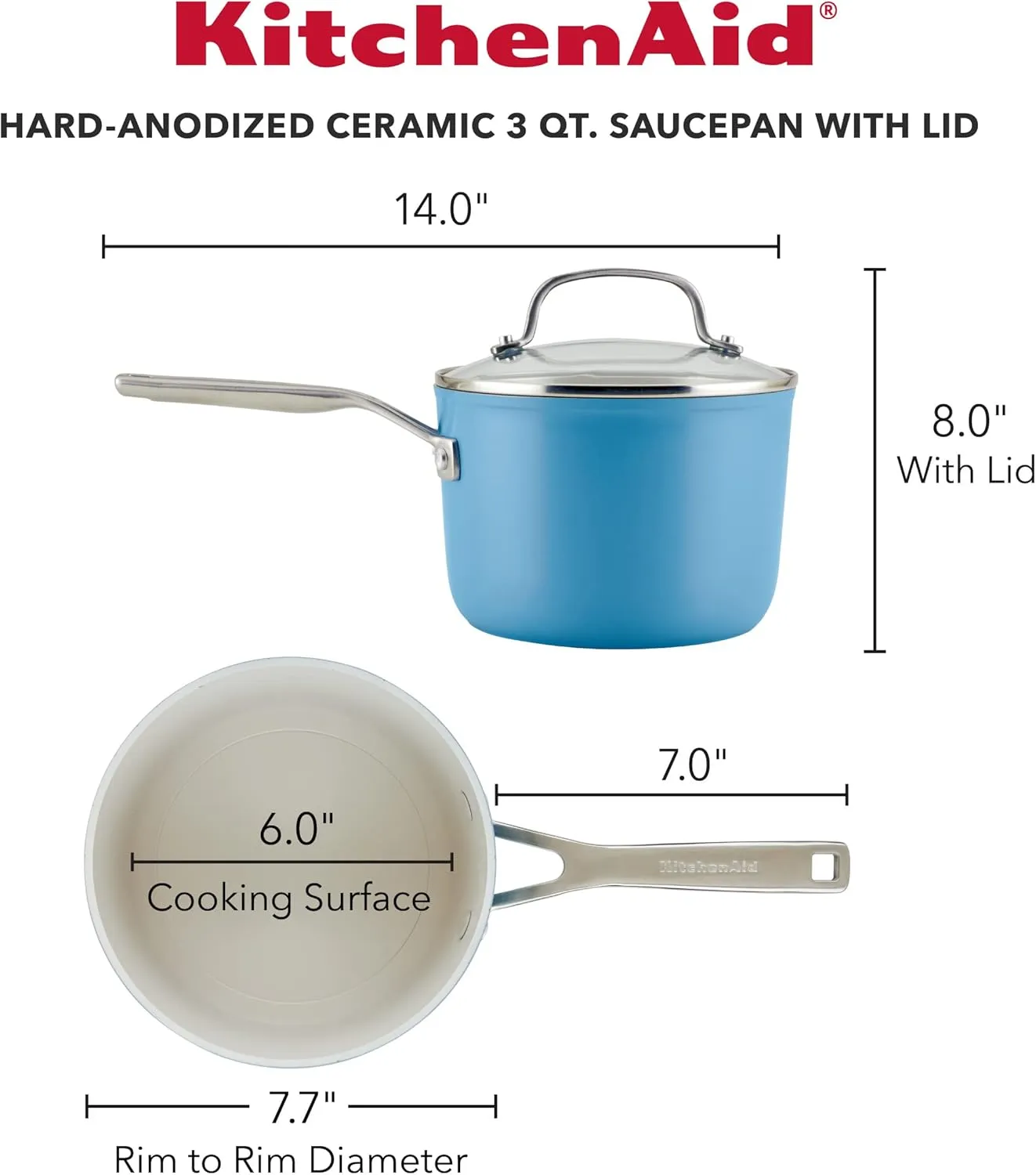 KitchenAid Hard Anodized Ceramic Nonstick Cookware Sauce Pan with Lid, 3 Quart, Blue Velvet