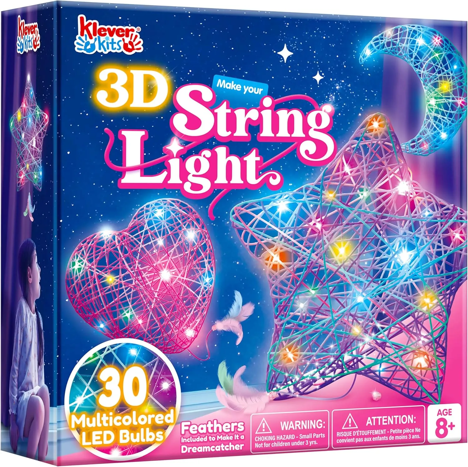 Klever Kits 3D String Art Kit for Kids, Light Up String Light Toy with 30 Multi-Colored LED Bulbs, Arts and Crafts Set, Birthday Gifts for Girls and Boys Ages 6 