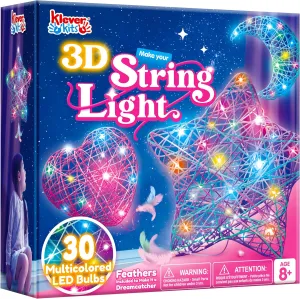 Klever Kits 3D String Art Kit for Kids, Light Up String Light Toy with 30 Multi-Colored LED Bulbs, Arts and Crafts Set, Birthday Gifts for Girls and Boys Ages 6 