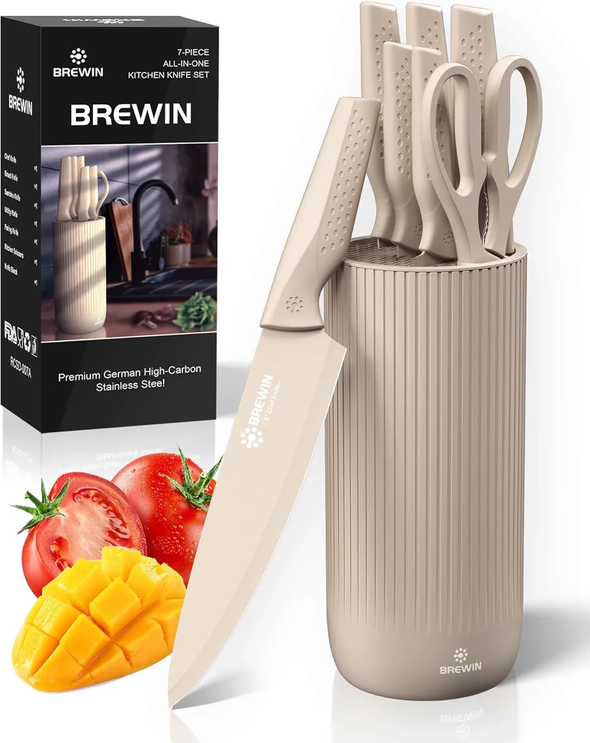 Knife Set, Brewin Kitchen Knife Set, Knives Set for Kitchen, Universal Knife Block, Utility Knife Block Set, Kitchen Essentials, New Home Essentials, Apartment Essentials, Dishwasher Safe