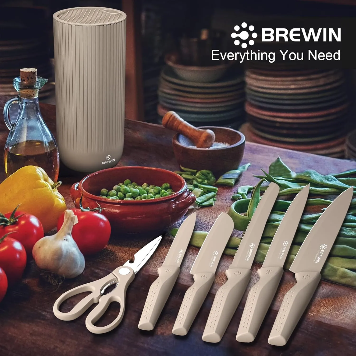 Knife Set, Brewin Kitchen Knife Set, Knives Set for Kitchen, Universal Knife Block, Utility Knife Block Set, Kitchen Essentials, New Home Essentials, Apartment Essentials, Dishwasher Safe