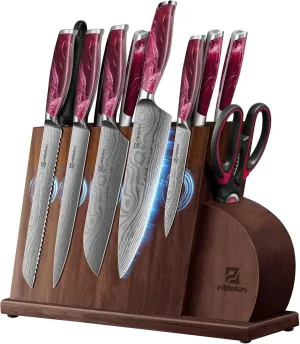 Knife Set for Kitchen 14 Pieces with Magnetic Holder, Ultra Sharp Durable German Stainless Steel Damascus Pattern, One-piece Ergonomic Handle, Elegant Red Flowing Cloud Design