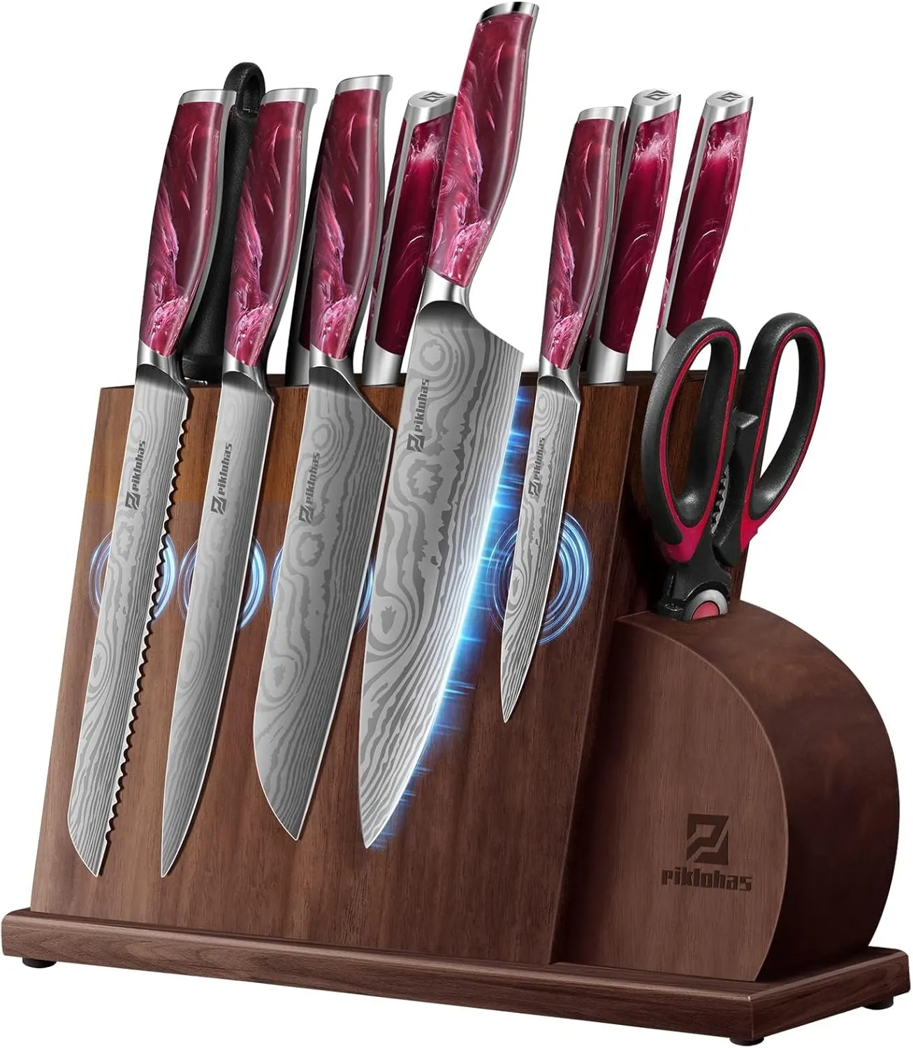 Knife Set for Kitchen 14 Pieces with Magnetic Holder, Ultra Sharp Durable German Stainless Steel Damascus Pattern, One-piece Ergonomic Handle, Elegant Red Flowing Cloud Design