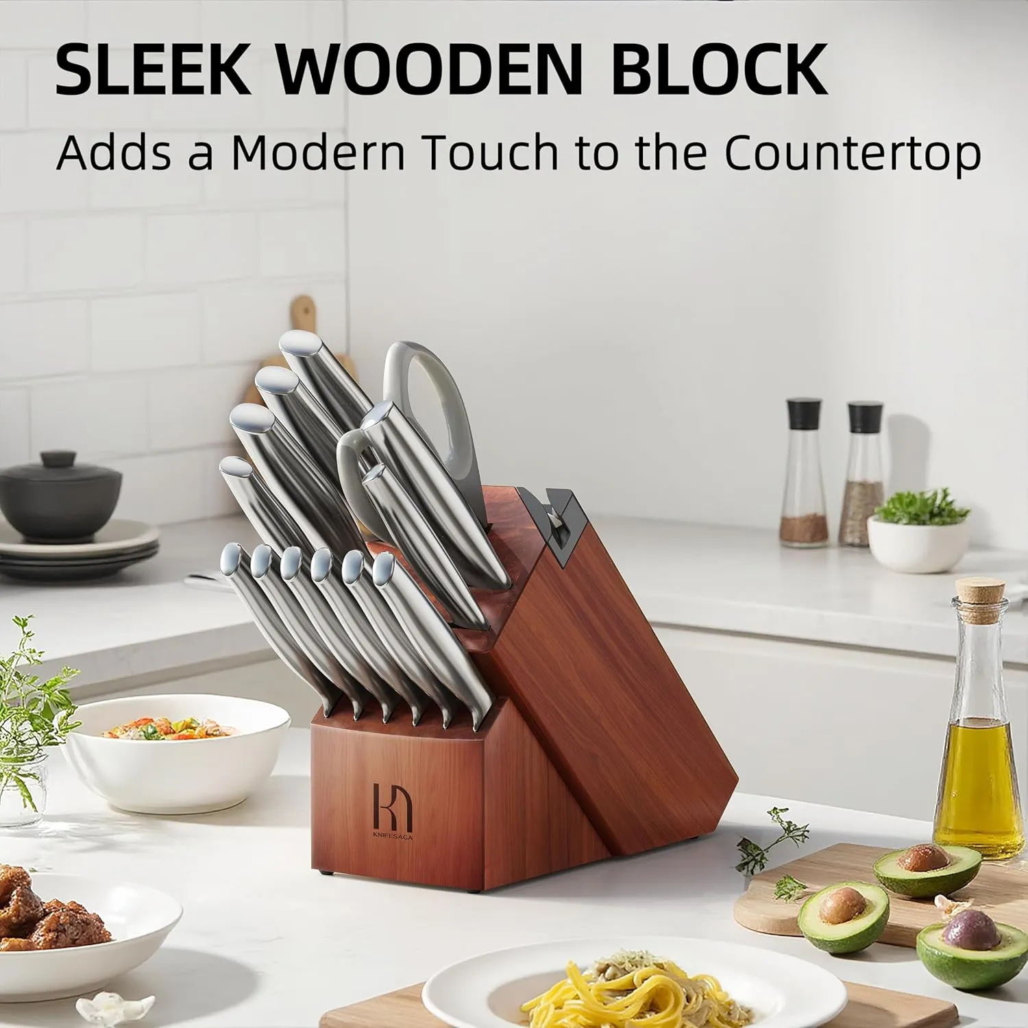 Knife Set Premium, Japanese High Carbon Stainless Steel 14 Pcs Kitchen Knives Block Set with Built-in Sharpener and Wood Block, Razor Sharp Knife Sets for Kitchen with Ergonomic Handle