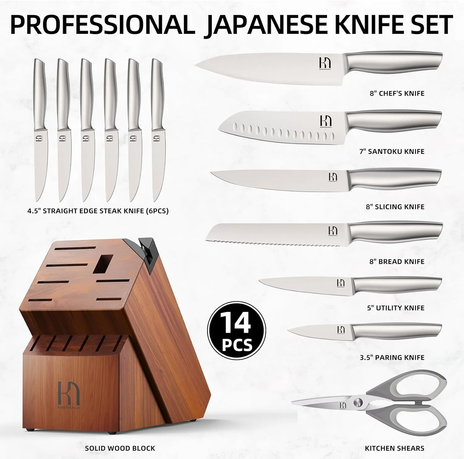 Knife Set Premium, Japanese High Carbon Stainless Steel 14 Pcs Kitchen Knives Block Set with Built-in Sharpener and Wood Block, Razor Sharp Knife Sets for Kitchen with Ergonomic Handle