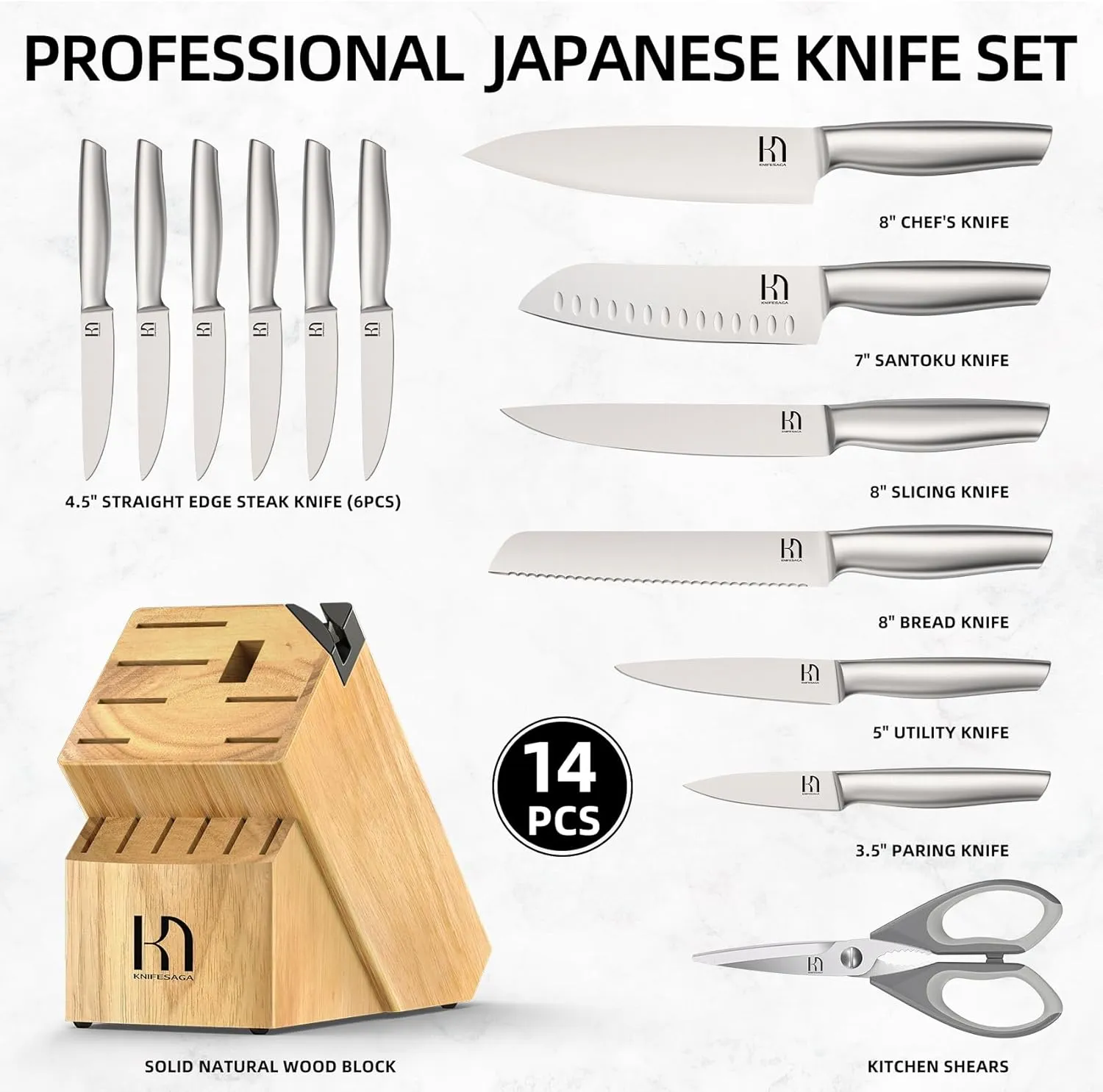Knife Set, Premium Knife Block Set for Kitchen 14 Pcs UltraSharp Japanese High Carbon Stainless Steel with Block and Built-in Sharpener, Kitchen Knives Set with Non-serrated Steak Knives