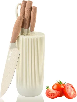 Knife Set, Wiztoynia 6-Piece Beige Kitchen Knife Set for Home, Anti-Rust Non-stick Stainless Steel Sharp Chef Knife Set with Universal Knife Block for Kitchen, Ergonomical Design (Beige)