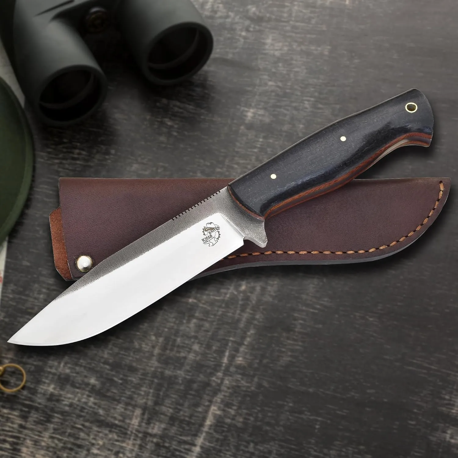 Knives Ranch 10-1/2" Outdoor Knife - 59 Hardness - 440C Stainless Steel - Excellent Edge Retention, Burlap Micarta Handle & Genuine Leather Sheath (3095C-M)
