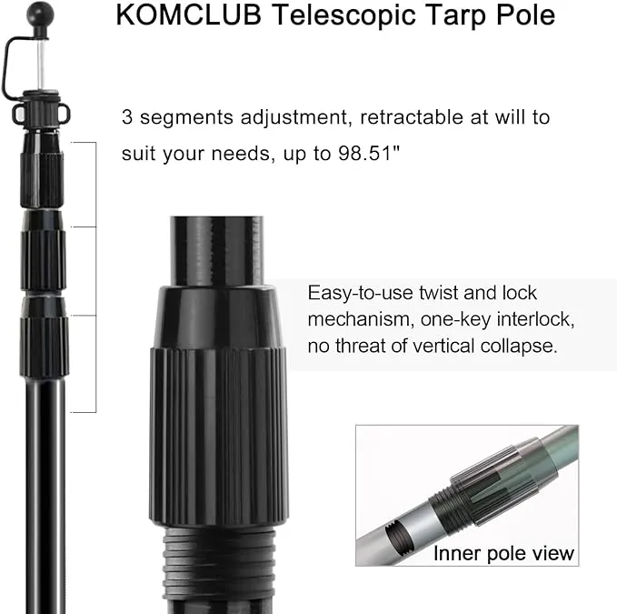 KOMCLUB Telescoping Tarp Poles Adjustable Tent Poles for Tarp Heavy-Duty Design Portable & Lightweight Fiberglass Tent Poles for Shelter Camping Awning 4 Sections Adjustable to 98.51 in(Set of 2)