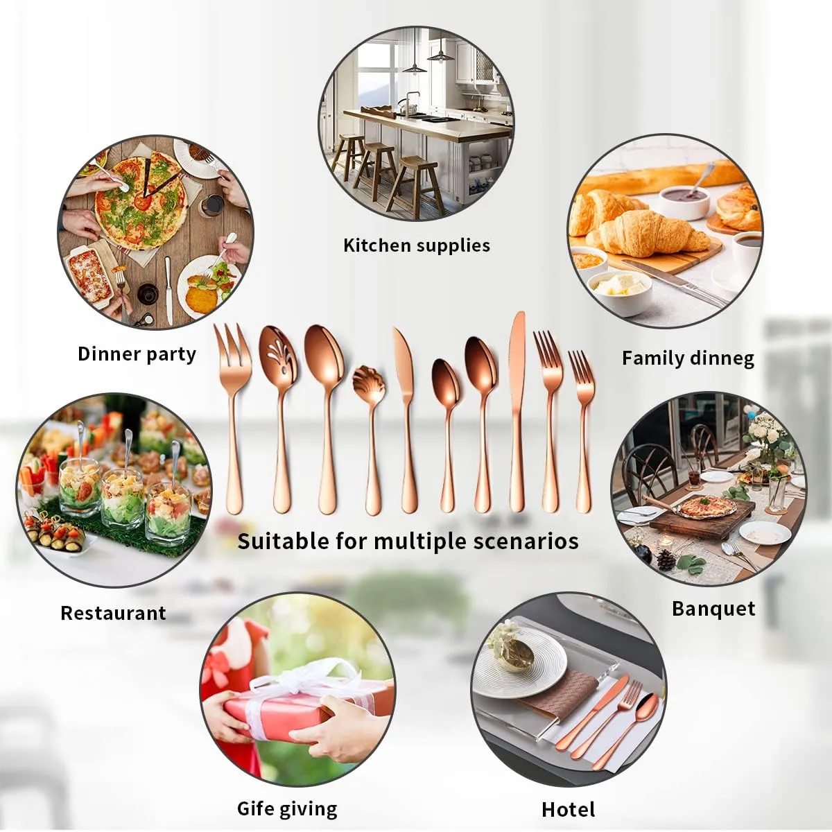 Kyraton Rose Gold Silverware Set 45 Pieces Service for 8, Titanium Copper Plating Flatware Sets Cutlery Set, Spoons and Forks Silverware Dishwasher Safe, First Apartment Must Haves Utensils Set