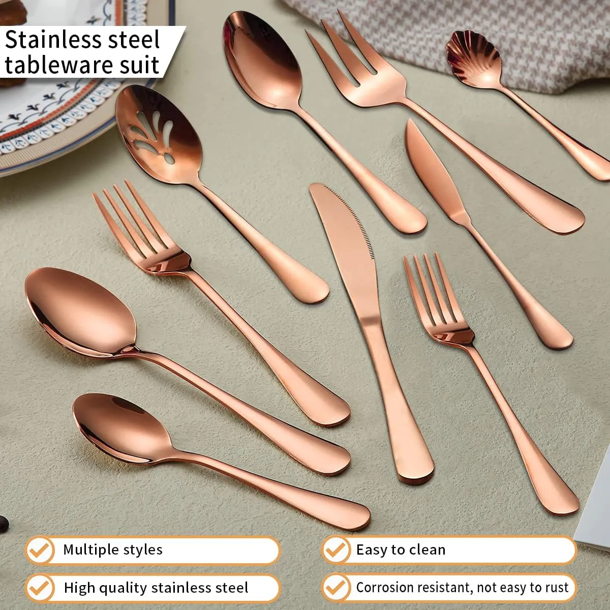 Kyraton Rose Gold Silverware Set 45 Pieces Service for 8, Titanium Copper Plating Flatware Sets Cutlery Set, Spoons and Forks Silverware Dishwasher Safe, First Apartment Must Haves Utensils Set