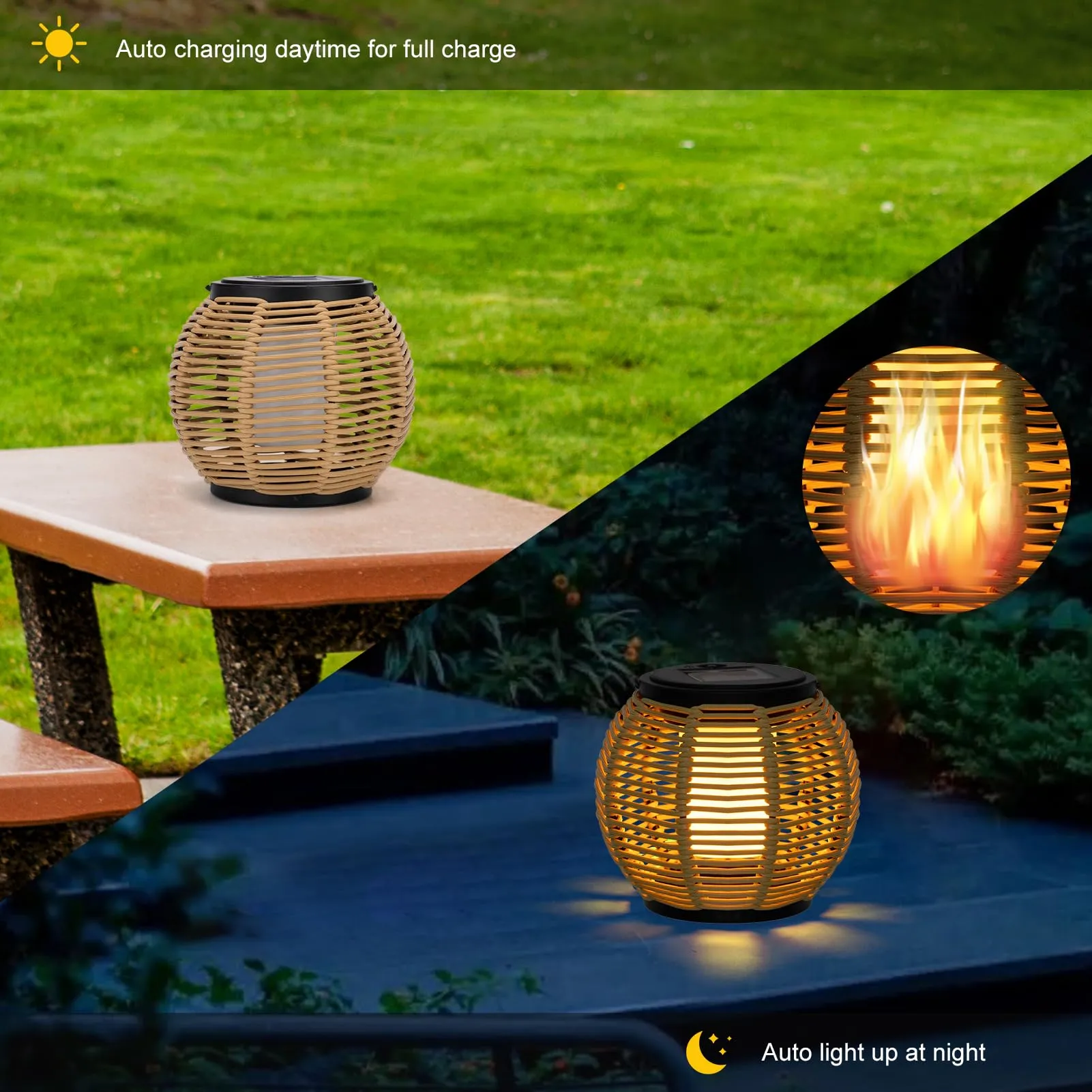 Larekook Solar Lanterns Outdoor Waterproof - Natural Rattan Bamboo Solar Powered Lantern, Dancing Flickering Flame Outdoor Table LED Lamp Auto On/Off Dusk to Dawn for Desk Patio Porch Yard Garden